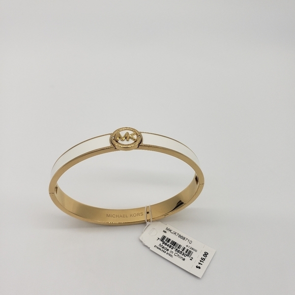 43- MICHAEL KORS Haute Gold Tone White Enamel Bangle Bracelet NWT - Picture 5 of 7